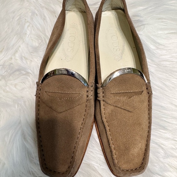 Tod's Brown Suede Loafers with Silver Accent - Picture 1 of 15